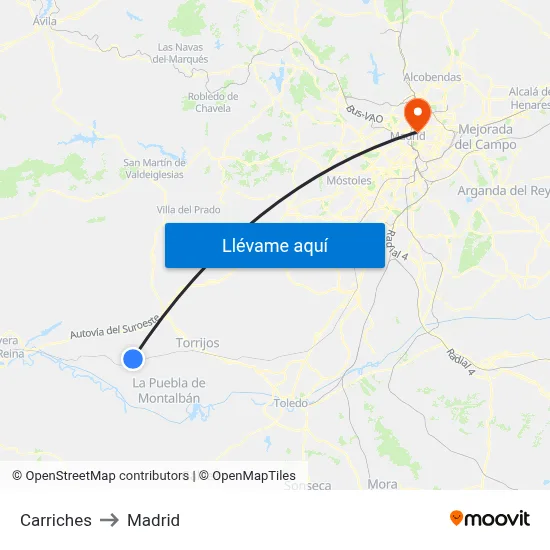 Carriches to Madrid map
