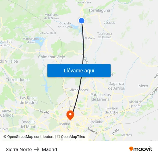 Sierra Norte to Madrid map