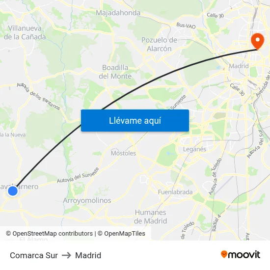 Comarca Sur to Madrid map