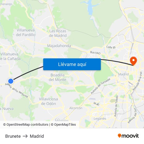 Brunete to Madrid map