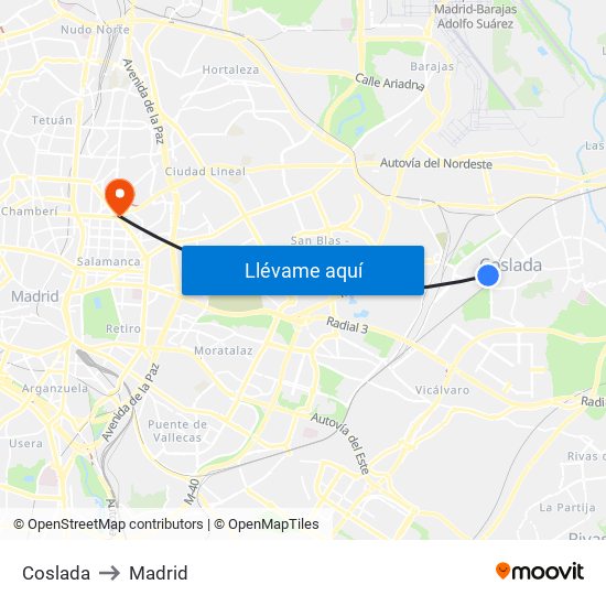 Coslada to Madrid map