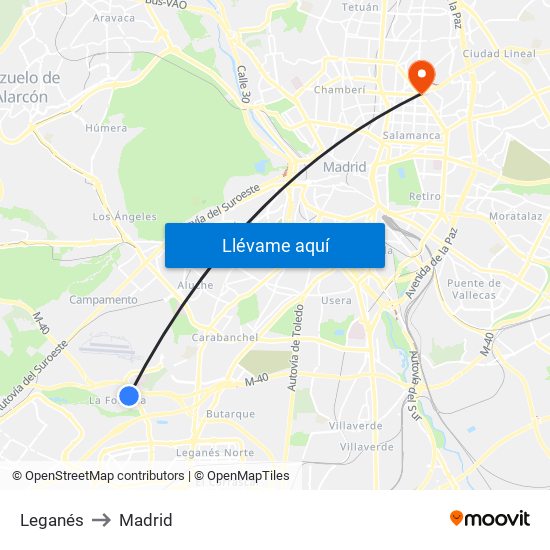 Leganés to Madrid map