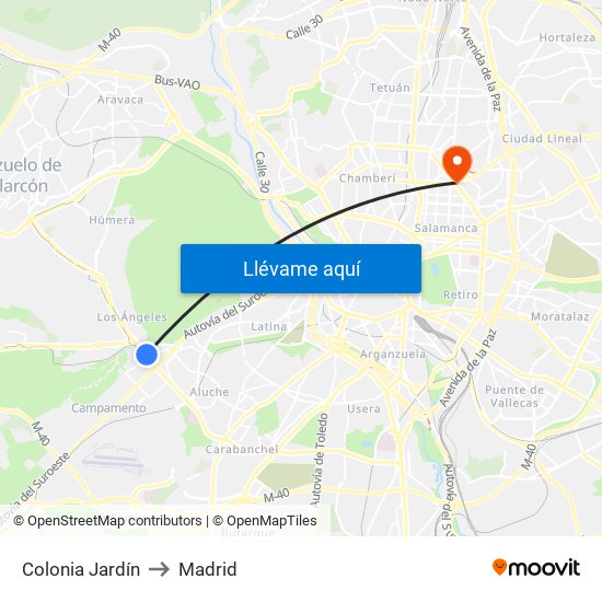 Colonia Jardín to Madrid map