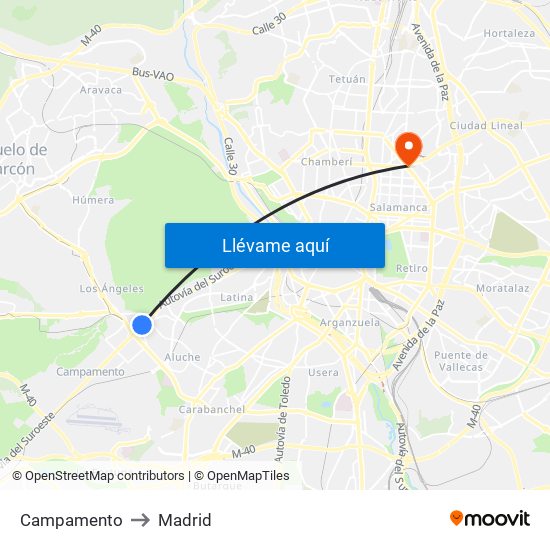 Campamento to Madrid map