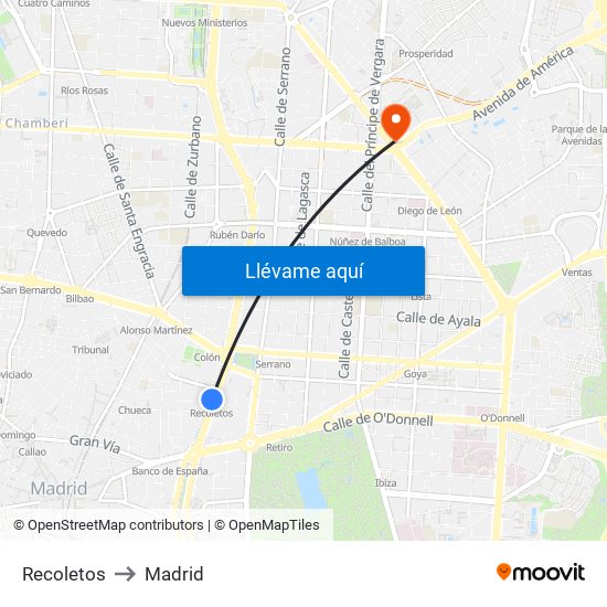 Recoletos to Madrid map