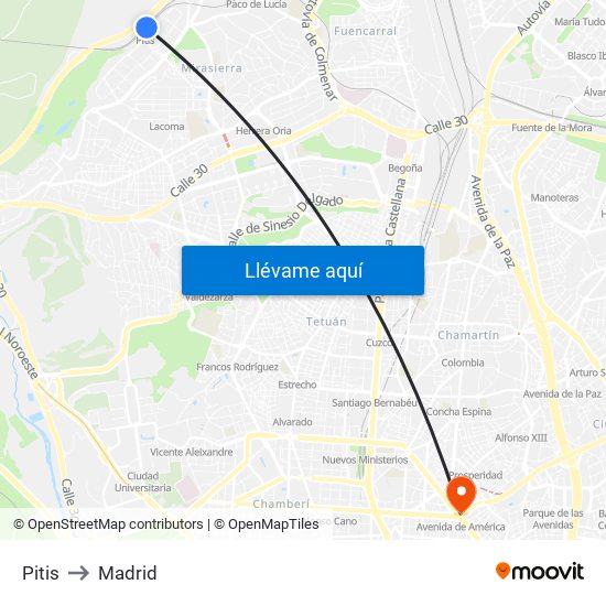 Pitis to Madrid map