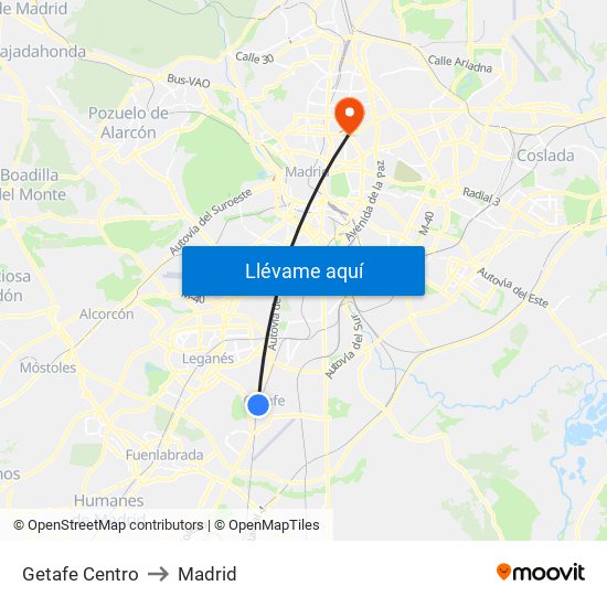 Getafe Centro to Madrid map