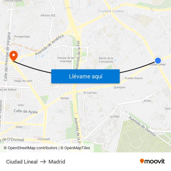 Ciudad Lineal to Madrid map
