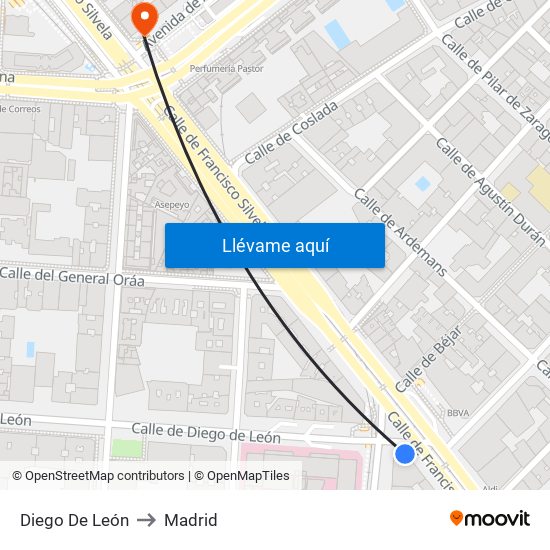 Diego De León to Madrid map