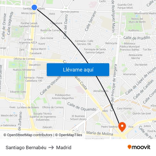 Santiago Bernabéu to Madrid map