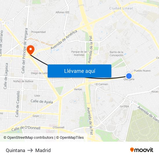 Quintana to Madrid map