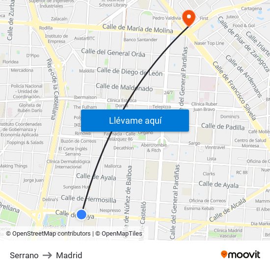 Serrano to Madrid map