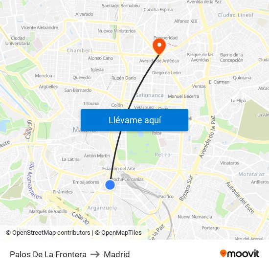 Palos De La Frontera to Madrid map