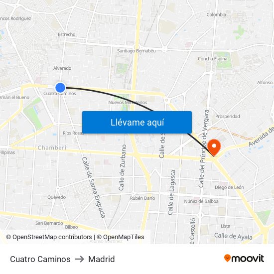Cuatro Caminos to Madrid map