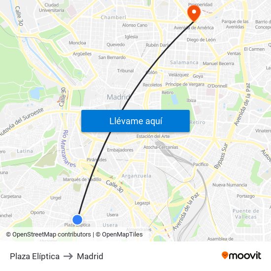 Plaza Elíptica to Madrid map