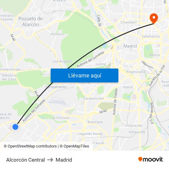 Alcorcón Central to Madrid map