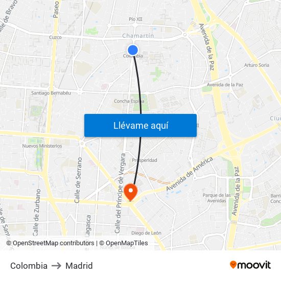 Colombia to Madrid map