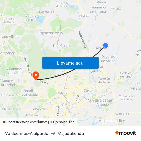 Valdeolmos-Alalpardo to Majadahonda map