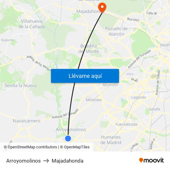 Arroyomolinos to Majadahonda map