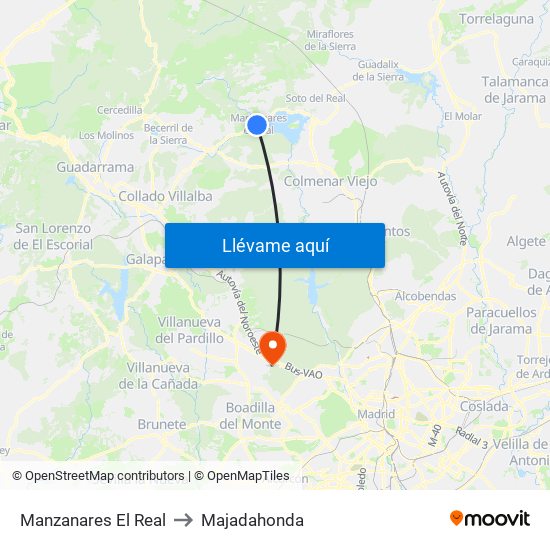 Manzanares El Real to Majadahonda map