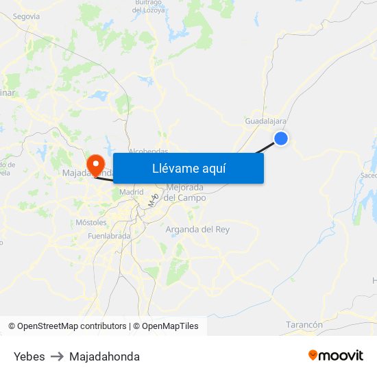 Yebes to Majadahonda map