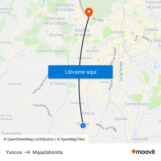 Yuncos to Majadahonda map