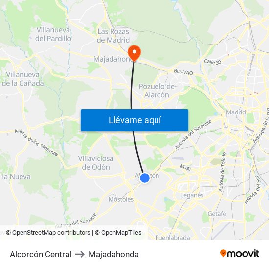Alcorcón Central to Majadahonda map