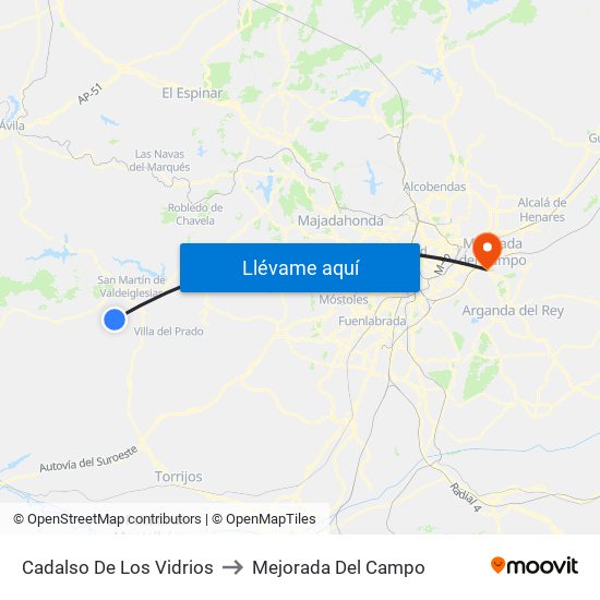 Cadalso De Los Vidrios to Mejorada Del Campo map
