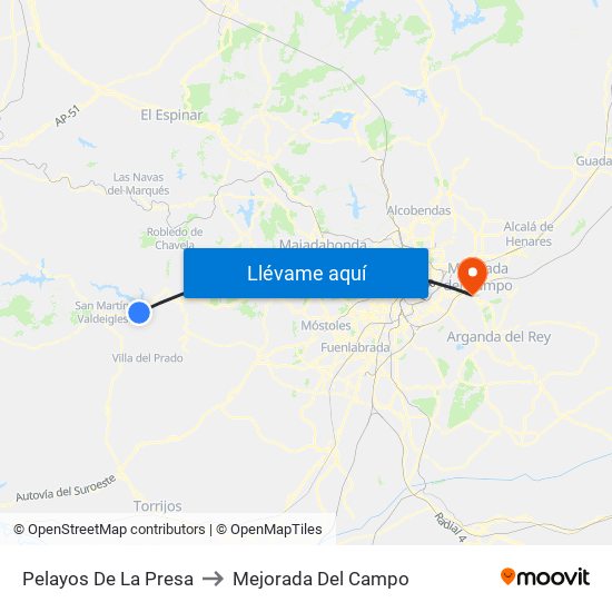 Pelayos De La Presa to Mejorada Del Campo map