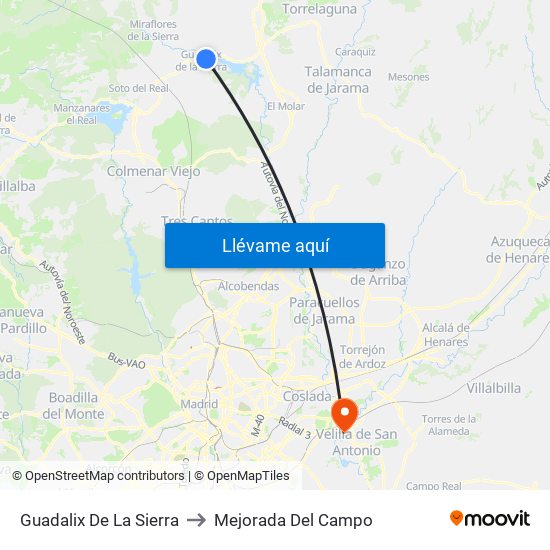 Guadalix De La Sierra to Mejorada Del Campo map