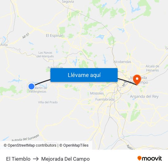 El Tiemblo to Mejorada Del Campo map