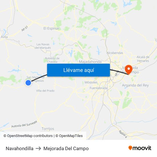 Navahondilla to Mejorada Del Campo map