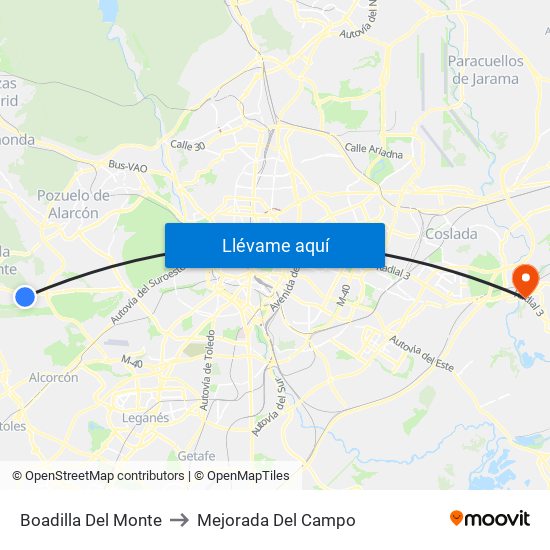 Boadilla Del Monte to Mejorada Del Campo map