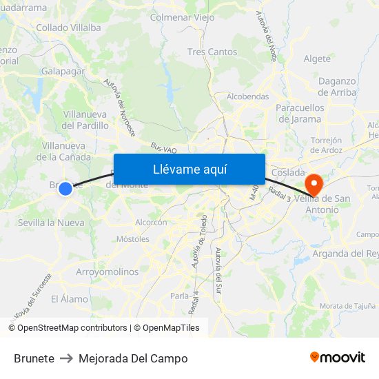 Brunete to Mejorada Del Campo map