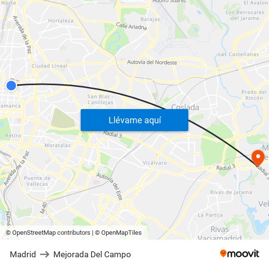 Madrid to Mejorada Del Campo map