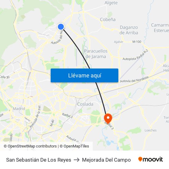 San Sebastián De Los Reyes to Mejorada Del Campo map