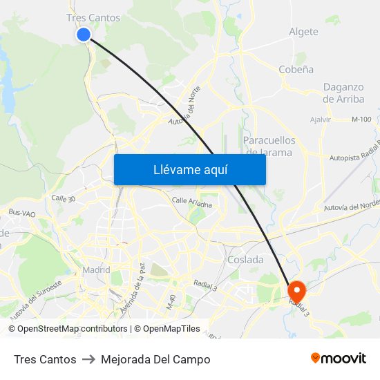 Tres Cantos to Mejorada Del Campo map