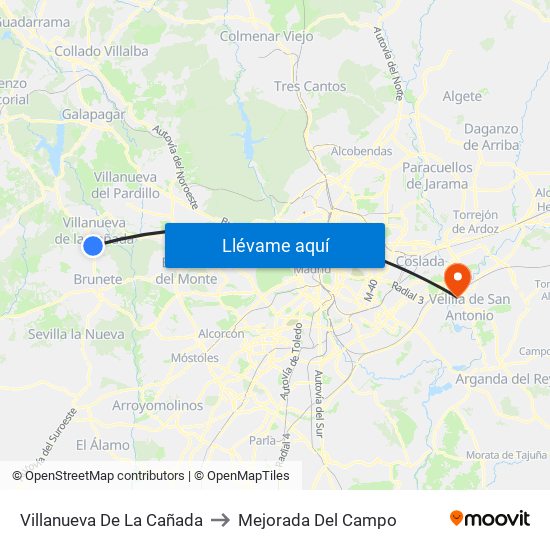 Villanueva De La Cañada to Mejorada Del Campo map