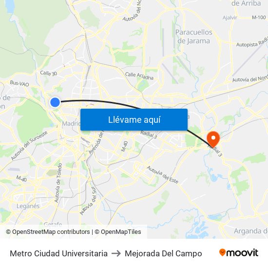 Metro Ciudad Universitaria to Mejorada Del Campo map