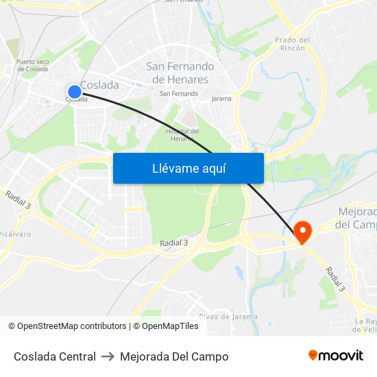 Coslada Central to Mejorada Del Campo map