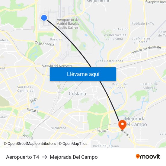 Aeropuerto T4 to Mejorada Del Campo map