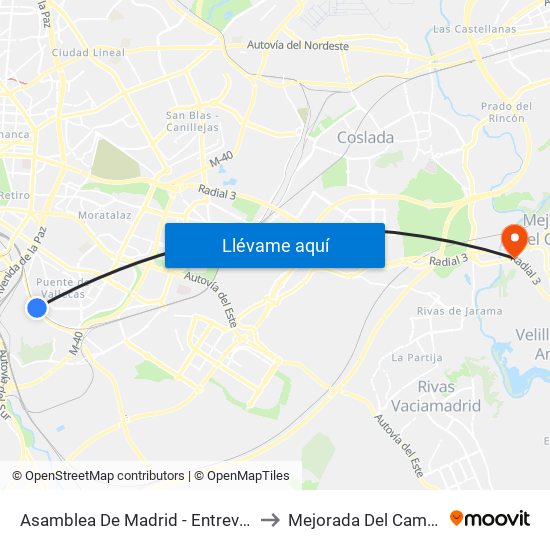 Asamblea De Madrid - Entrevías to Mejorada Del Campo map