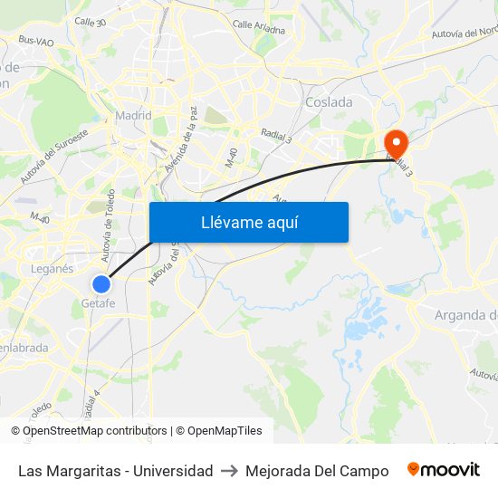 Las Margaritas - Universidad to Mejorada Del Campo map