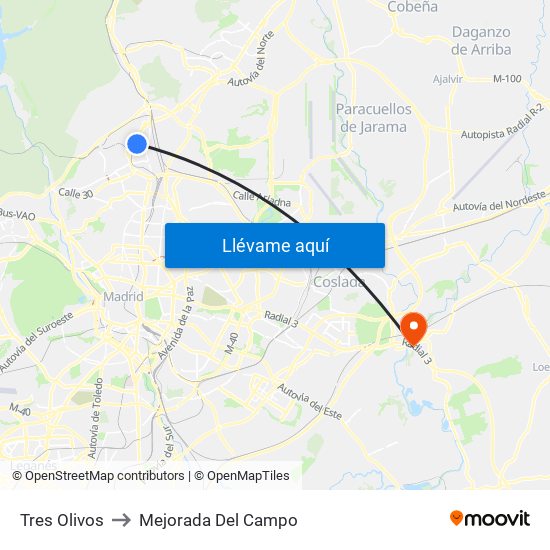 Tres Olivos to Mejorada Del Campo map