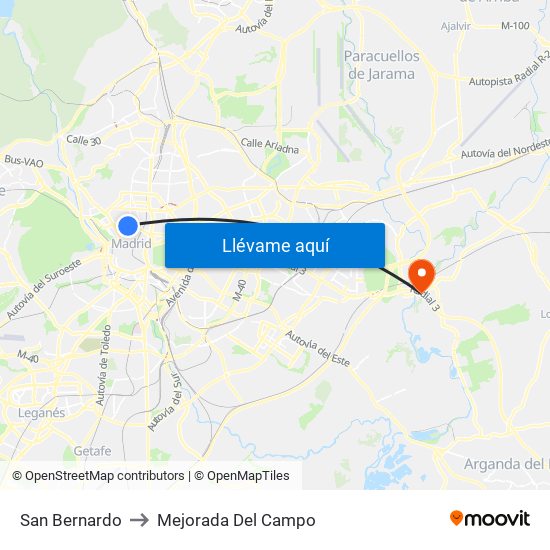 San Bernardo to Mejorada Del Campo map