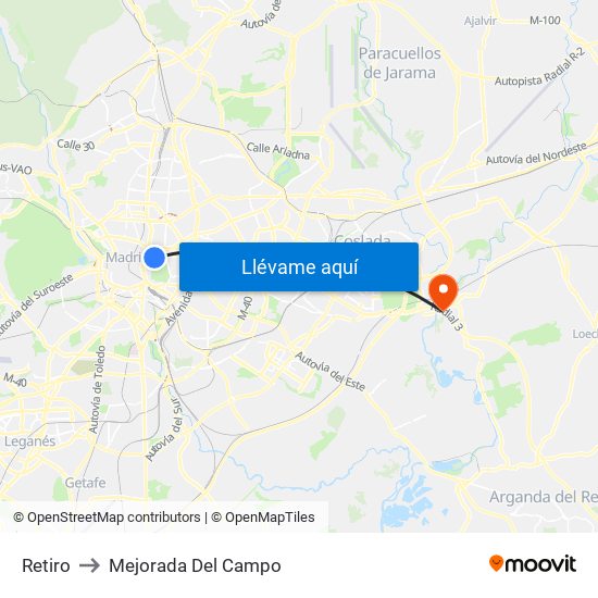 Retiro to Mejorada Del Campo map