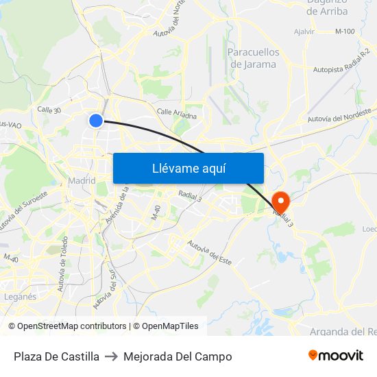 Plaza De Castilla to Mejorada Del Campo map
