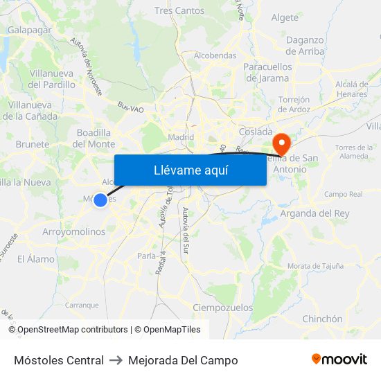 Móstoles Central to Mejorada Del Campo map