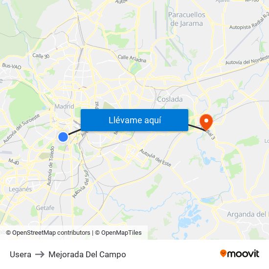 Usera to Mejorada Del Campo map