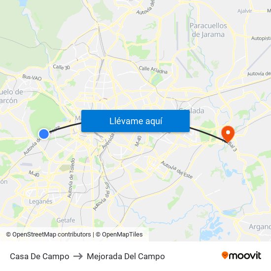 Casa De Campo to Mejorada Del Campo map